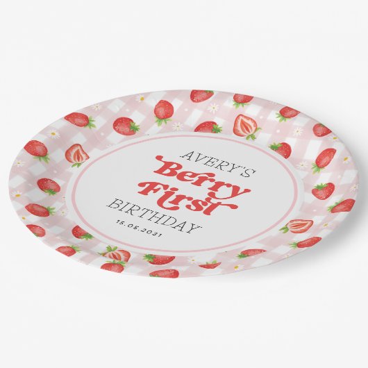 Boho Strawberry Berry First Girl Birthday Favorite Pappteller (Schrägansicht)