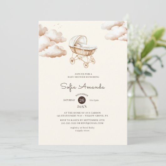 Boho Stroller Baby Shower Einladung (Stehend Vorderseite)