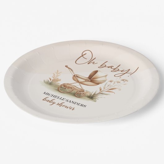 Boho Style Baby stroller neutral baby shower Pappteller (Schrägansicht)