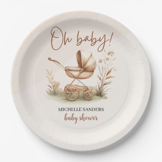 Boho Style Baby stroller neutral baby shower Pappteller (Vorderseite)