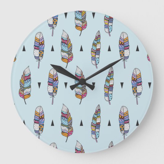Boho Style Feather Hand Drawn Große Wanduhr (Vorderseite)
