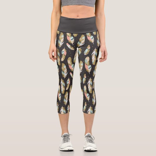Boho Style Feathers Pattern Capri Leggings (Vorderseite)