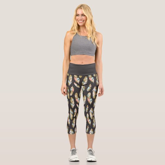 Boho Style Feathers Pattern Capri Leggings (Vorderseite)