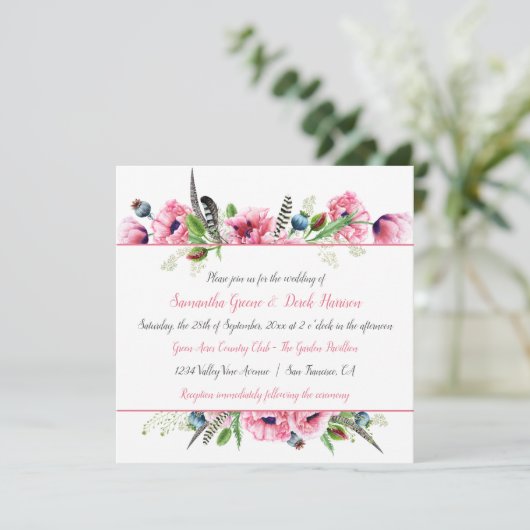 Boho Style Pink Poppies Feathers Greenerenerity We Einladung (Stehend Vorderseite)
