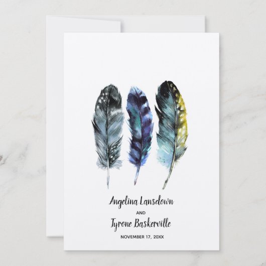 Boho Style Watercolor Feathers Custom Wedding Einladung (Rückseite)