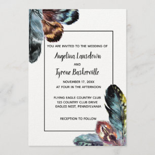 Boho Style Watercolor Feathers Custom Wedding Einladung