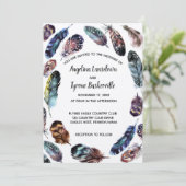 Boho Style Watercolor Feathers Custom Wedding Einladung (Stehend Vorderseite)