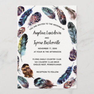 Boho Style Watercolor Feathers Custom Wedding Einladung