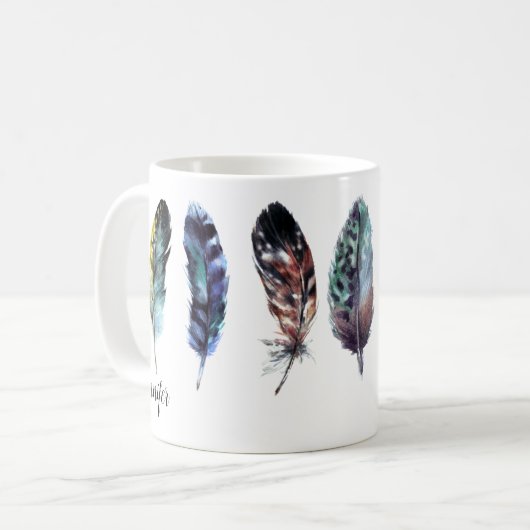 Boho Style Watercolor Feathers Personalisiert Kaffeetasse (Vorderseite Links)