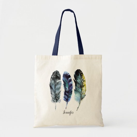 Boho Style Watercolor Feathers Personalisiert Tragetasche (Vorne)