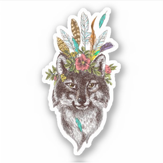 Boho Style Wolf Halo Portrait Aufkleber (Vorderseite)