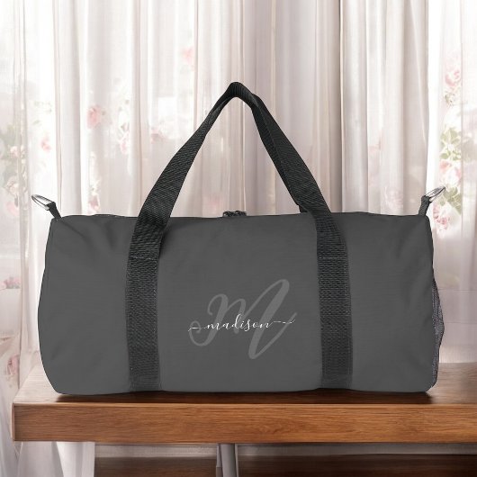 Boho Stylish Script Gray Name und Monogram Duffle Bag