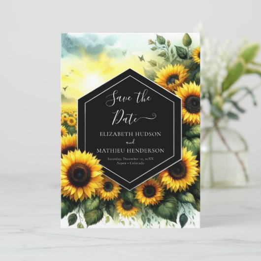 Boho Stylish Sunflower Wedding Save The Date (Stehend Vorderseite)