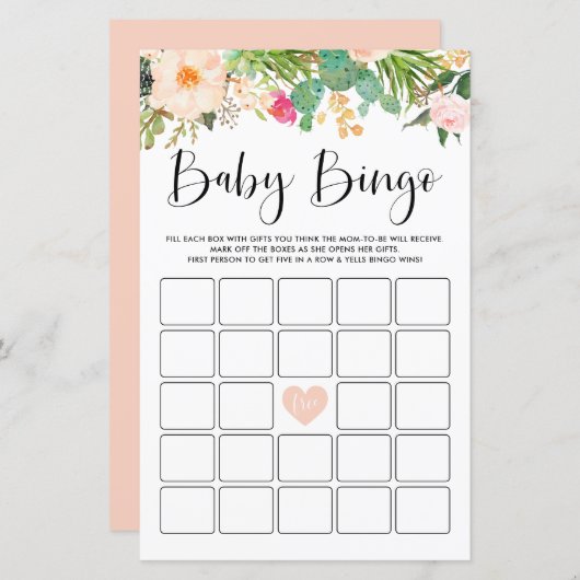 Boho Succulents Baby Dusche Bingo Game Card (Vorne/Hinten)