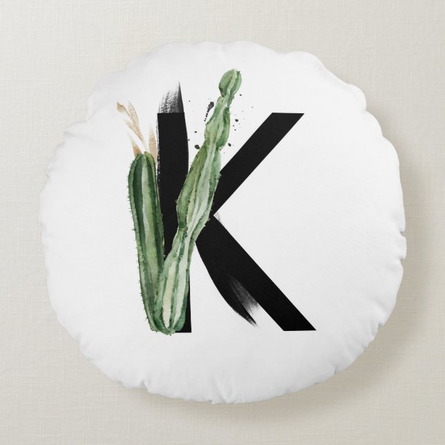 Boho Succulents Letter K Monogram Tropical Rundes Kissen (Vorderseite)