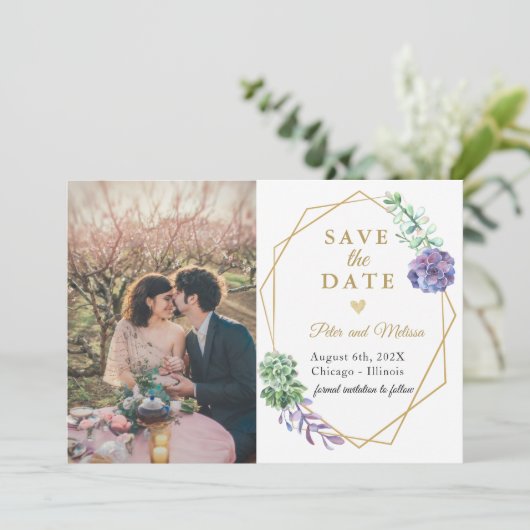 Boho Succulents Save the Date Foto Lavender Ankündigung (Stehend Vorderseite)