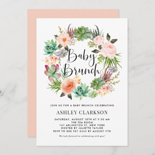 Boho Succules Blumenkraut Baby Brunch Einladung (Vorne/Hinten)