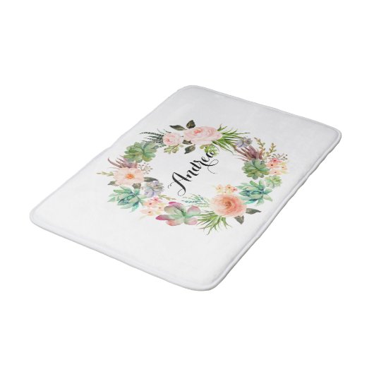 Boho Succules Blumenreath Personalisiert Badematte (Schrägansicht)