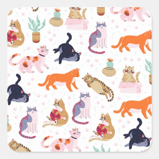 Boho Summer Cute Cats Green Cactus Quadratischer Aufkleber (Vorderseite)