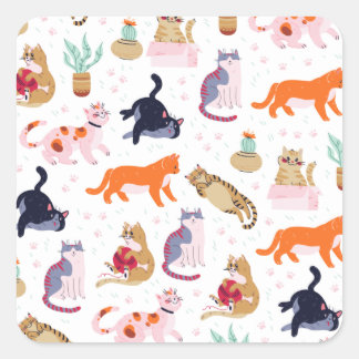 Boho Summer Cute Cats Green Cactus Quadratischer Aufkleber