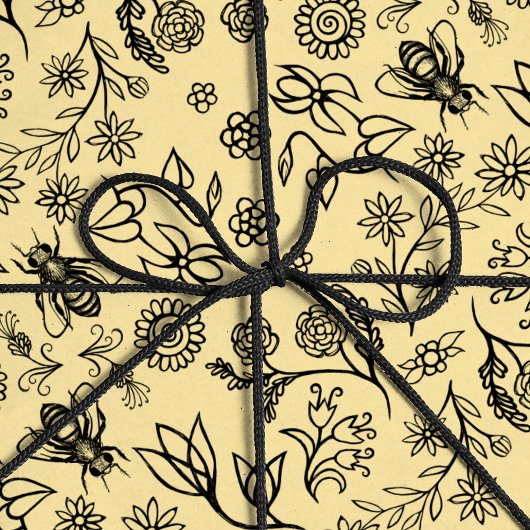 Boho Summer Floral Honey Bee Pattern Yellow Niedli Geschenkpapier