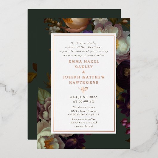 Boho Summer Rose Vintage aestethische Hochzeit Folieneinladung (Vorderseite/Rückseite)