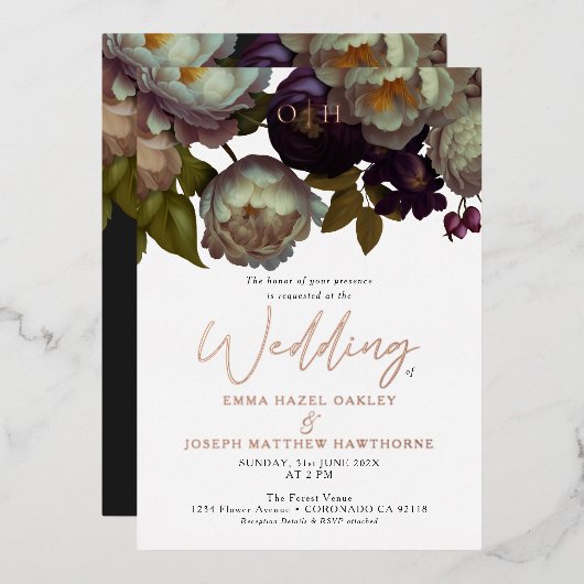 Boho Summer Rose Vintage aestethische Hochzeit Folieneinladung (Vorderseite/Rückseite)