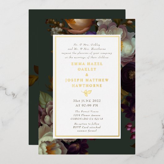 Boho Summer Rose Vintage aestethische Hochzeit Folieneinladung (Vorderseite/Rückseite)