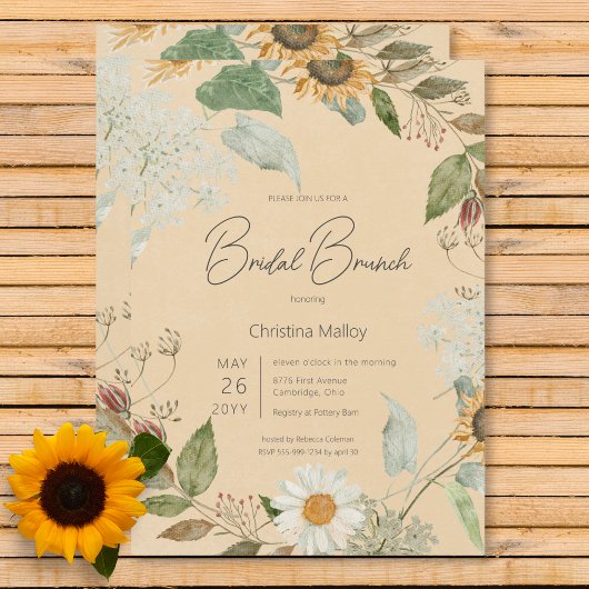 Boho Summer Sunflower & Daisy Gold Bridal Brunch Einladung