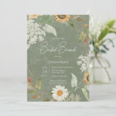 Boho Summer Sunflower & Daisy Green Bridal Brunch Einladung (Stehend Vorderseite)