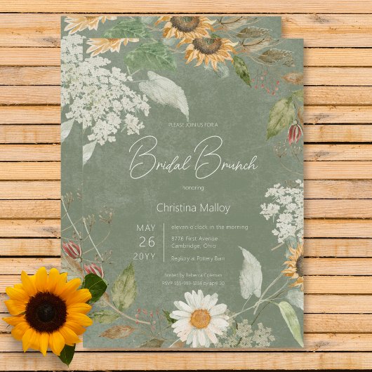 Boho Summer Sunflower & Daisy Green Bridal Brunch Einladung