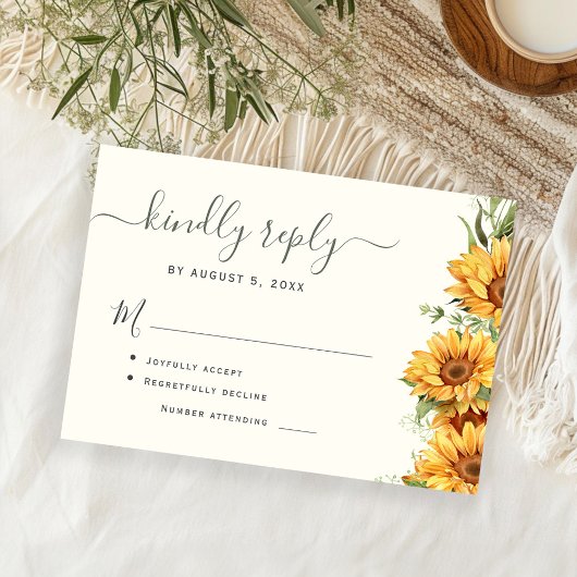 Boho summer sunflower garden black white wedding RSVP karte