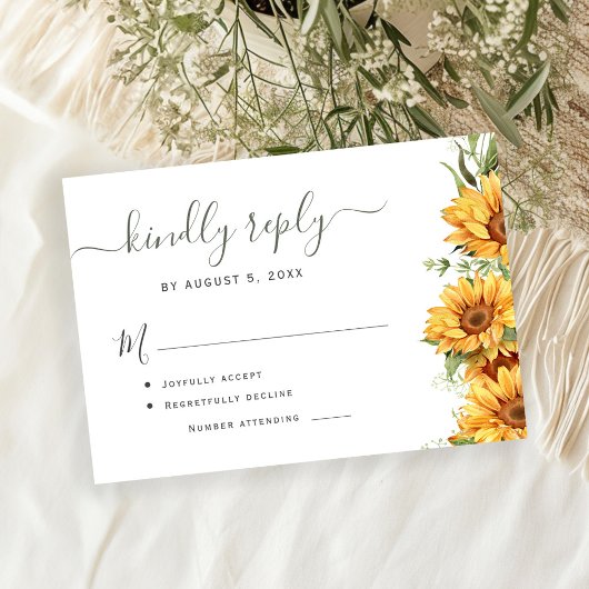 Boho summer sunflower garden black white wedding RSVP karte