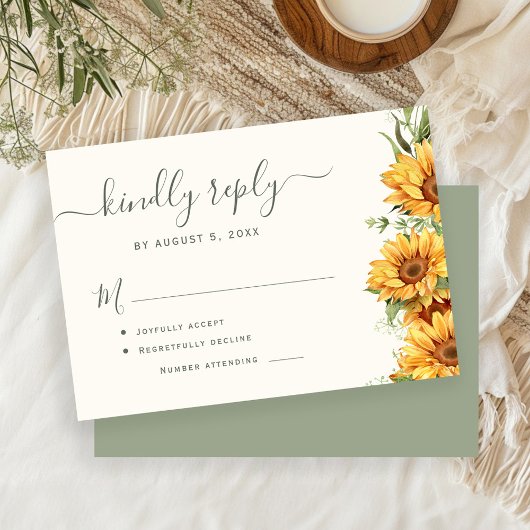 Boho summer sunflower garden sage green wedding RSVP karte