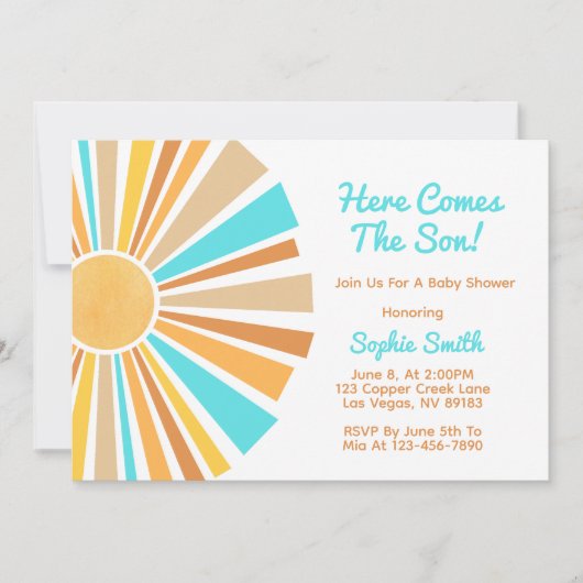 Boho Sun, Here Comes The Son, Blue Orange Rainbow Einladung (Vorderseite)