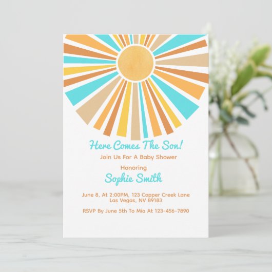 Boho Sun, hier kommt der Sohn, Retro Regenbogen Einladung (Stehend Vorderseite)