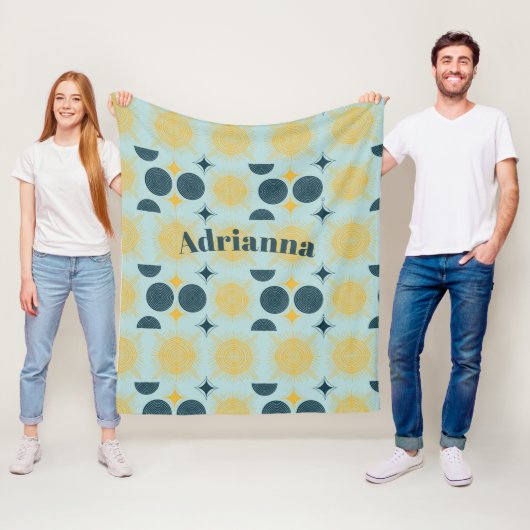 Boho Sun Moon Stars Baby Blue Yellow Personalisier Fleecedecke (Beispiel)