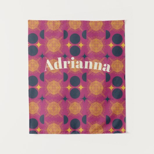 Boho Sun Moon Stars Rosa Blau Wandteppich (Vorderseite)