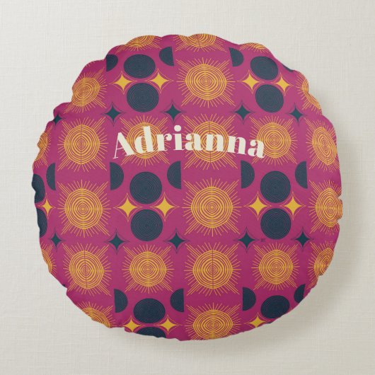 Boho Sun Moon Stars Rosa Gelb Personalisiert Rundes Kissen (Vorderseite)