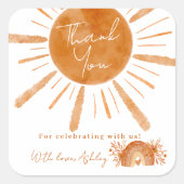 Boho sun rainbow orange Babydusche Danke Quadratischer Aufkleber (Vorderseite)
