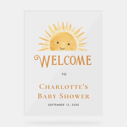 Boho Sun Sunshine Baby Dusche Willkommen Acrylschild (Vorderseite)