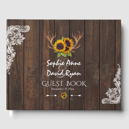 Boho Sunblumen Antlers Wood Lace Wedding Gästebuch (Vorderseite)