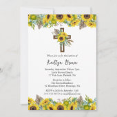 Boho Sunflower and Rustic Wooden Cross Baptism Einladung (Vorderseite)
