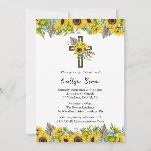 Boho Sunflower and Rustic Wooden Cross Baptism Einladung (Vorderseite)