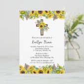 Boho Sunflower and Rustic Wooden Cross Baptism Einladung (Stehend Vorderseite)