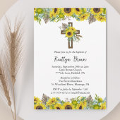Boho Sunflower and Rustic Wooden Cross Baptism Einladung