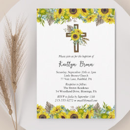 Boho Sunflower and Rustic Wooden Cross Baptism Einladung