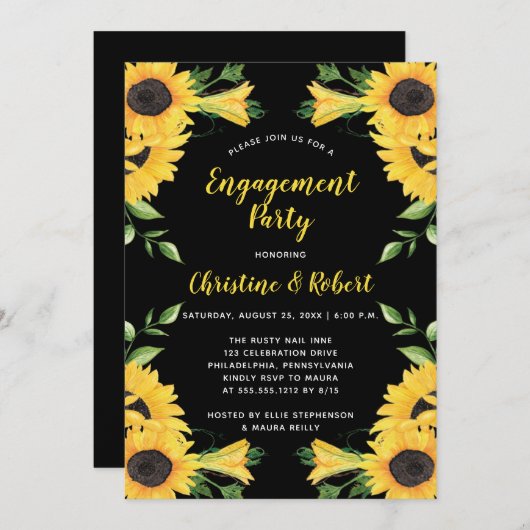 Boho Sunflower | Black Engagement Party Einladung (Vorne/Hinten)