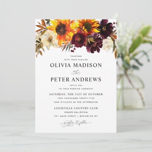 Boho Sunflower Burgundy Floral All in One Wedding Einladung (Stehend Vorderseite)