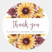 Boho Sunflower Burgundy Floral Wedding Vielen Dank Runder Aufkleber (Vorderseite)
